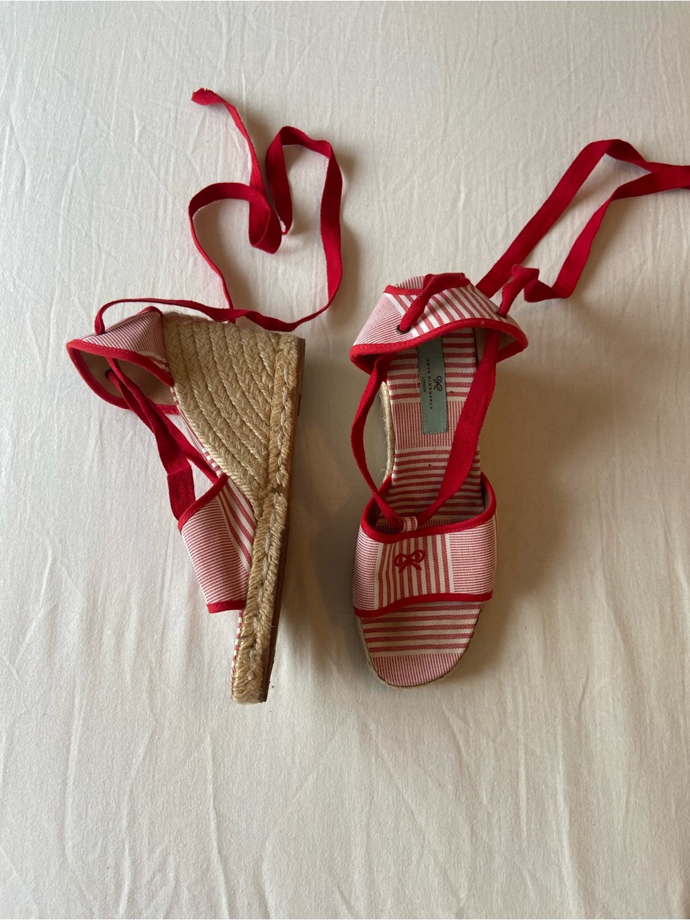 Anya Hindmarch Red Striped Espadrille Wedge Sandals